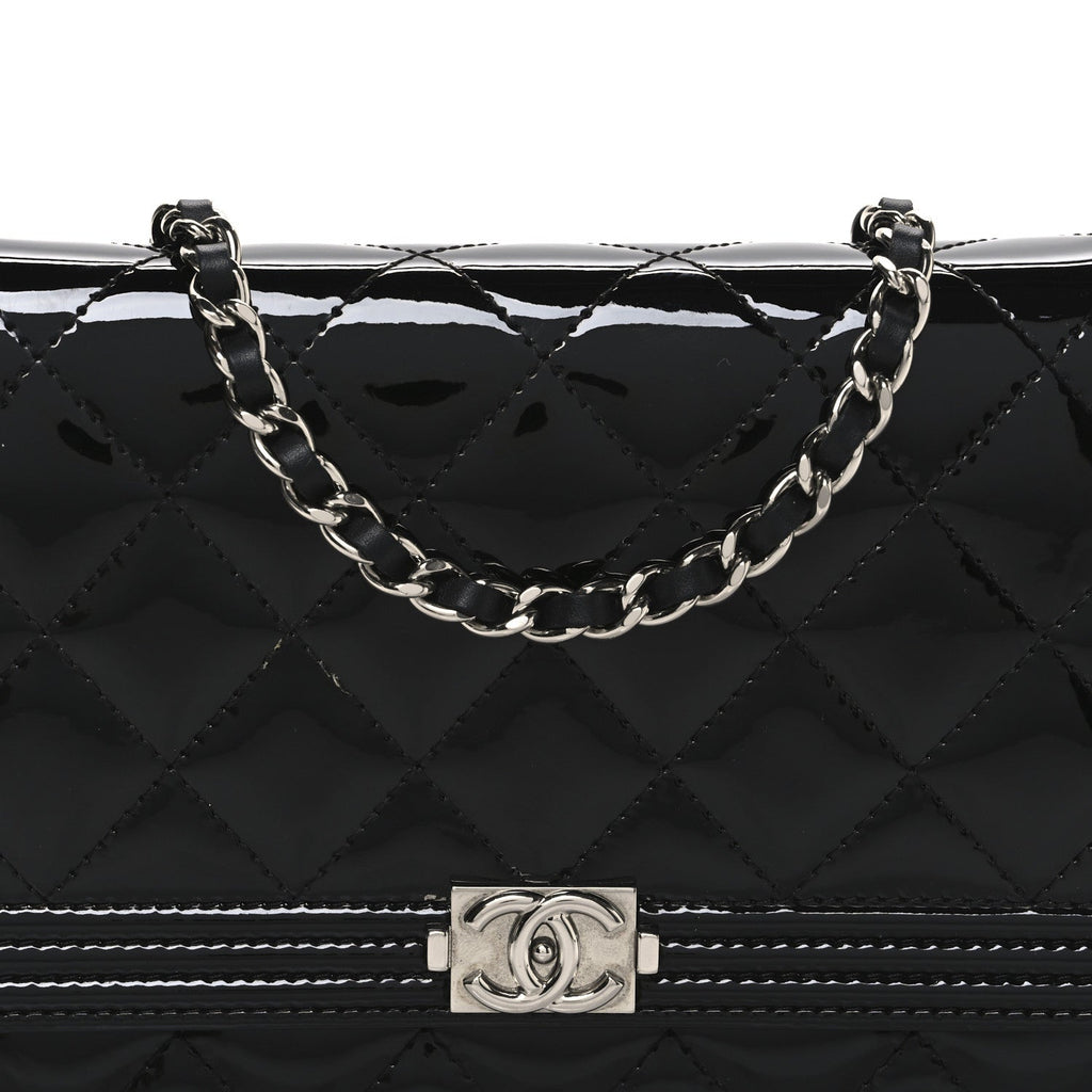 Patent Calfskin Quilted Boy Wallet On Chain WOC Black