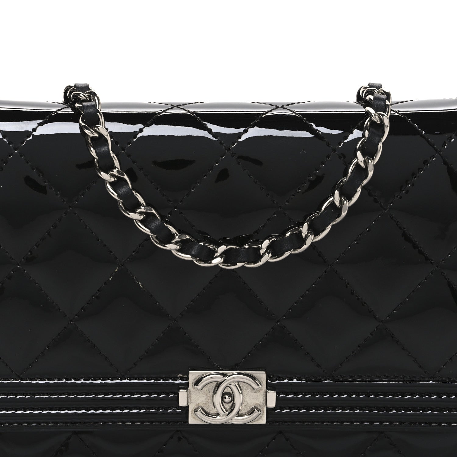 Patent Calfskin Quilted Boy Wallet On Chain WOC Black