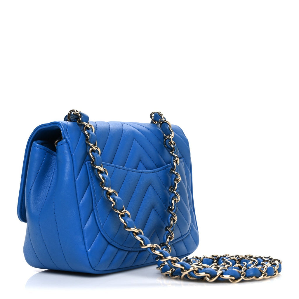 Lambskin Chevron Quilted Mini Square Flap Blue