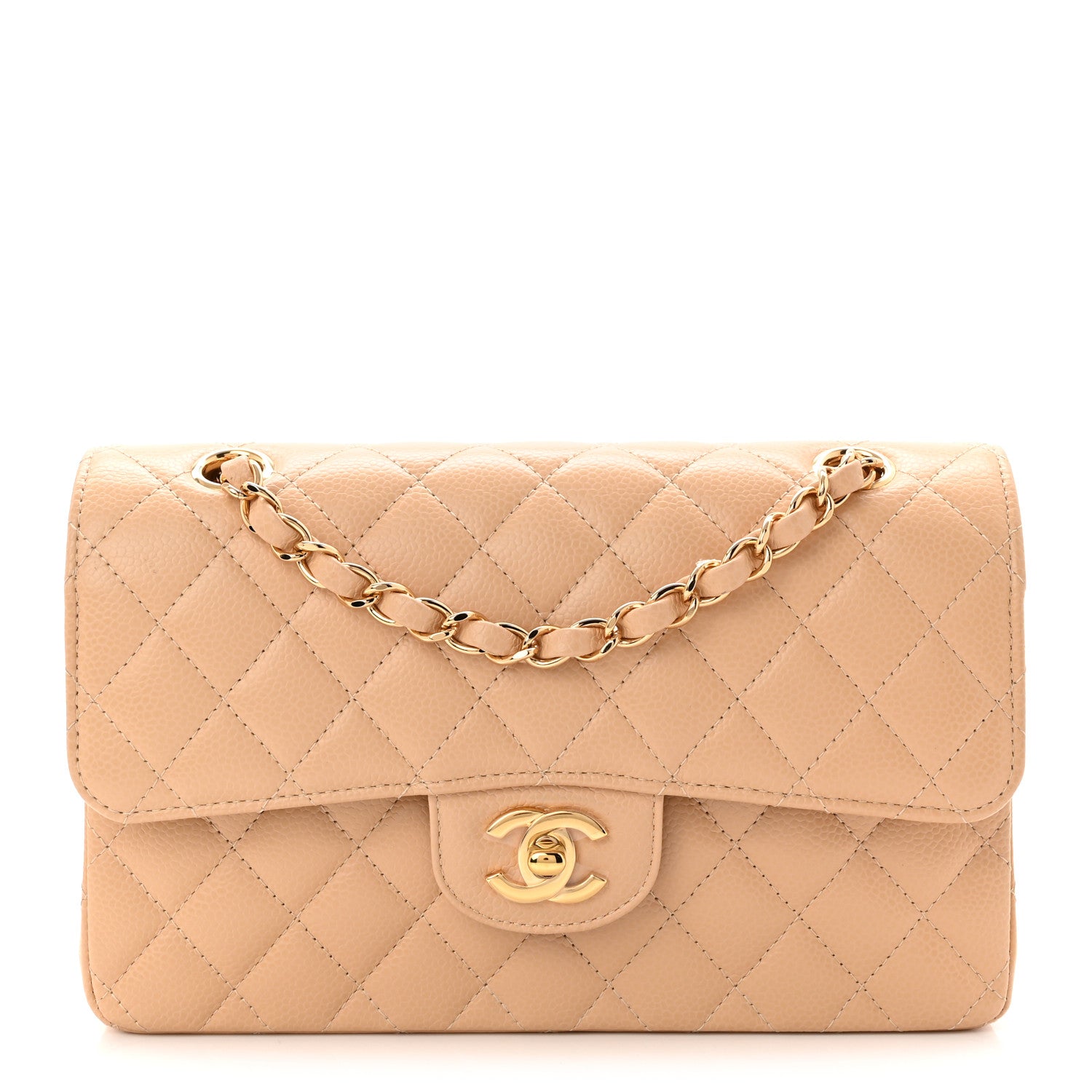 Caviar Quilted Small Double Flap Beige