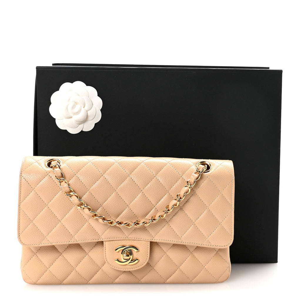 Caviar Quilted Medium Double Flap Beige