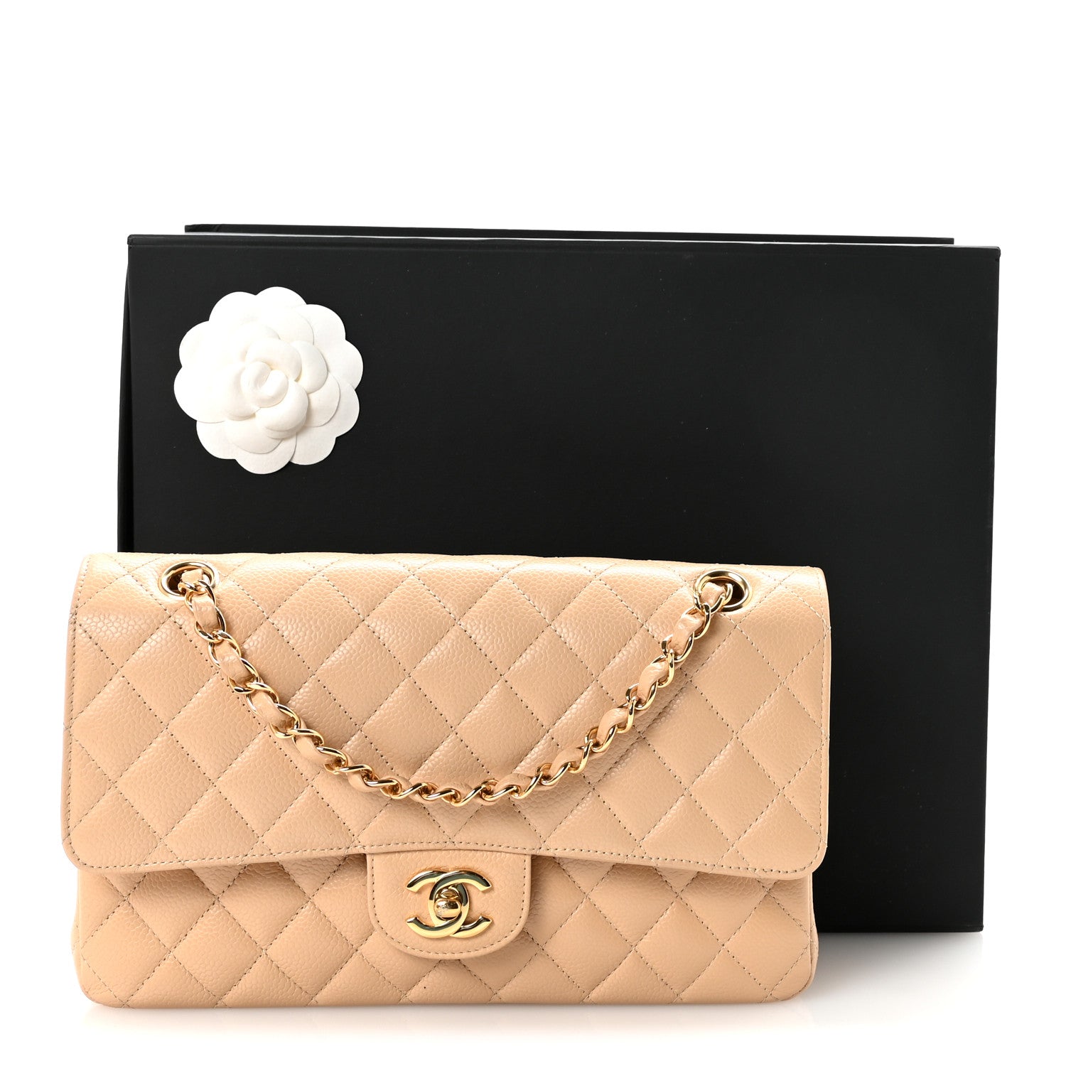 Caviar Quilted Medium Double Flap Beige