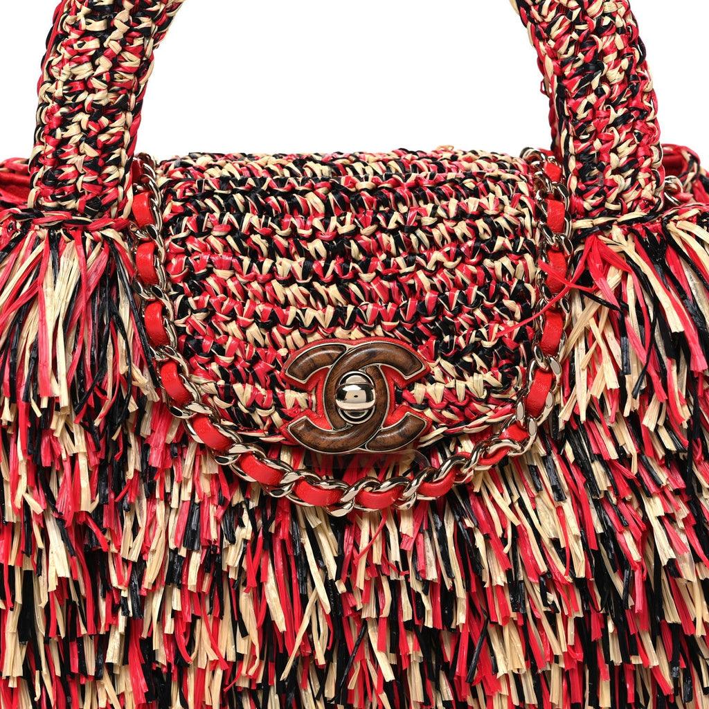 Raffia Fringe Nano Kelly Shopper Red Beige Black