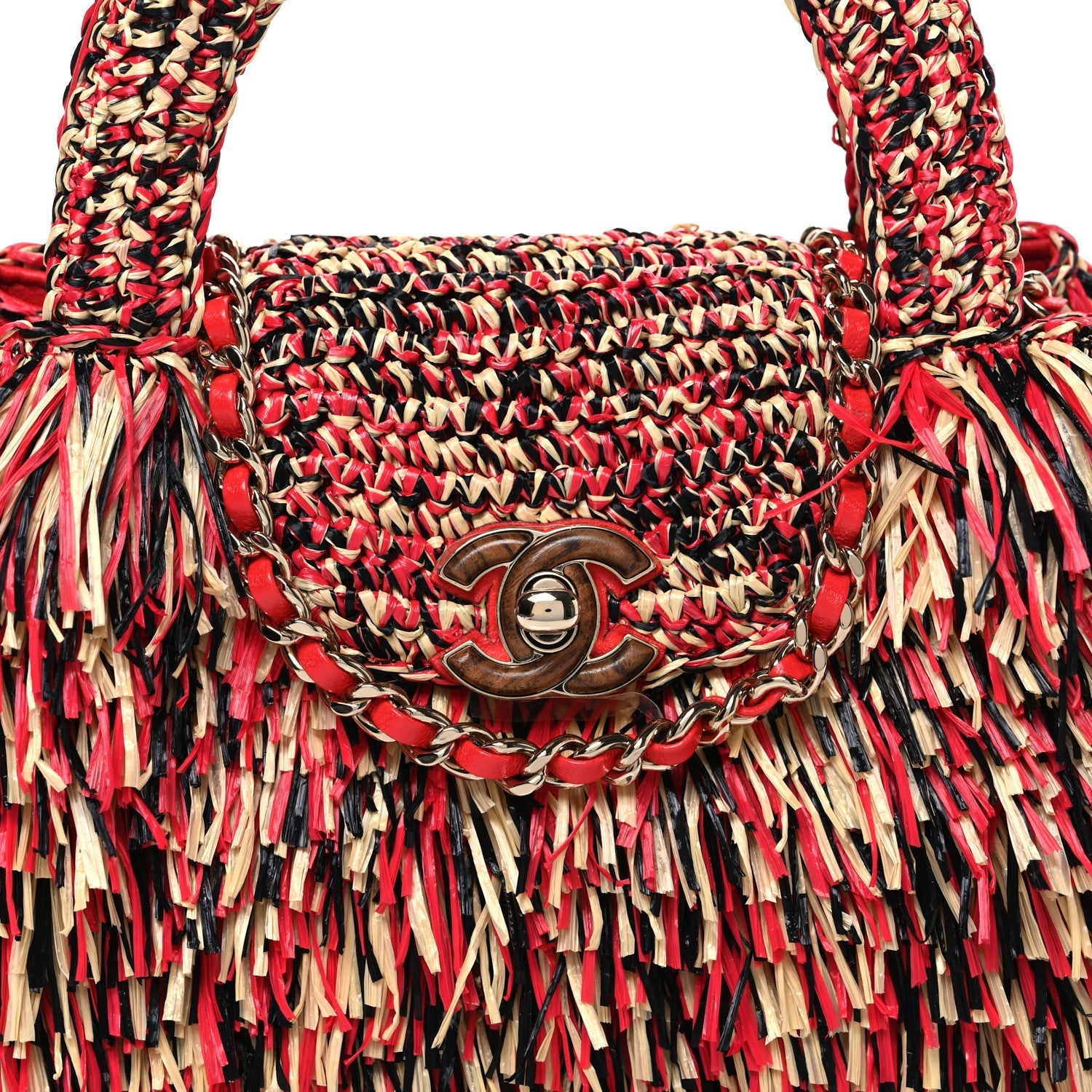 Raffia Fringe Nano Kelly Shopper Red Beige Black
