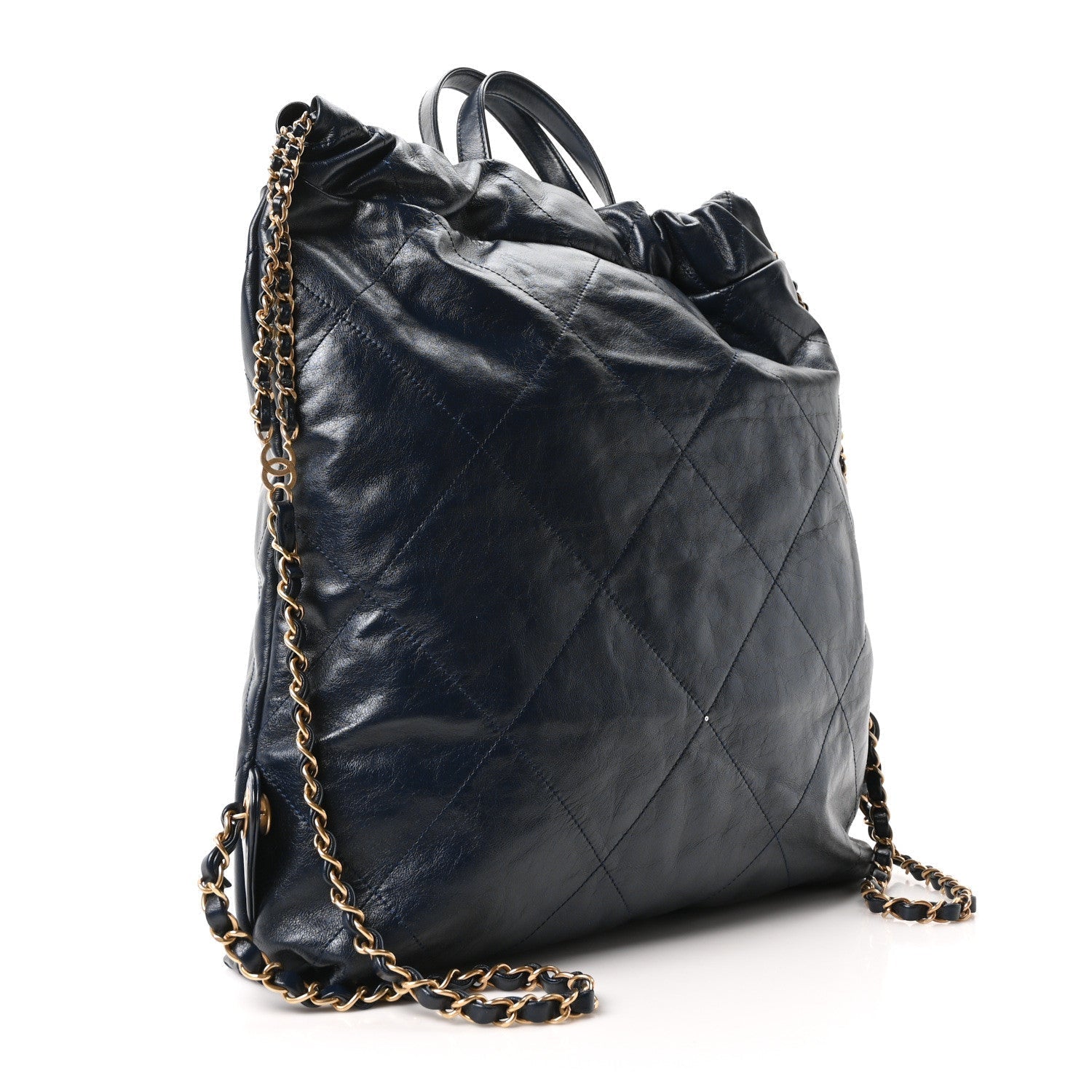Shiny Calfskin Quilted Chanel 22 Backpack Dark Blue