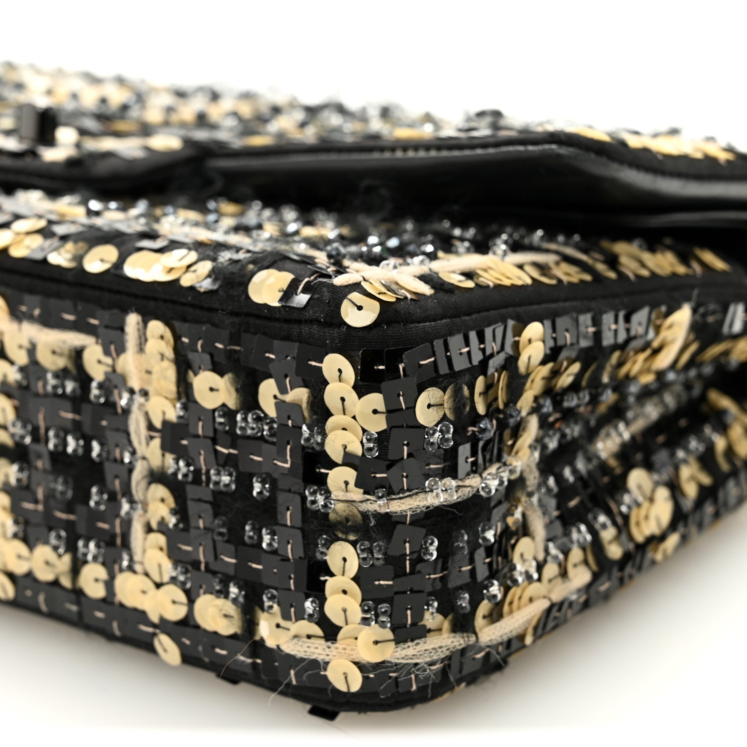 Satin Sequin Embroidered Medium Double Flap Black