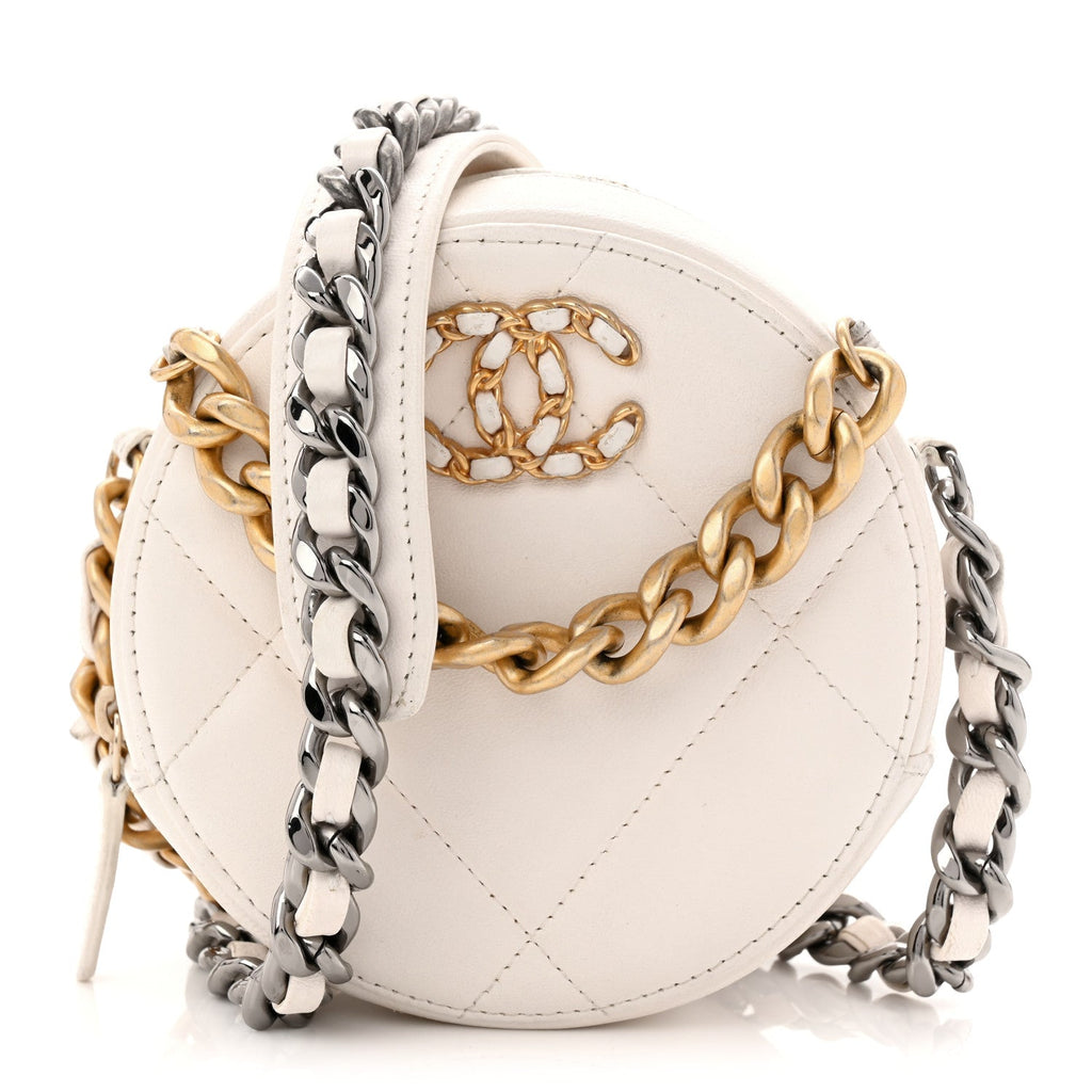 Shiny Goatskin Quilted Chanel 19 Round Clutch With Chain White