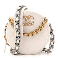 Shiny Goatskin Quilted Chanel 19 Round Clutch With Chain White