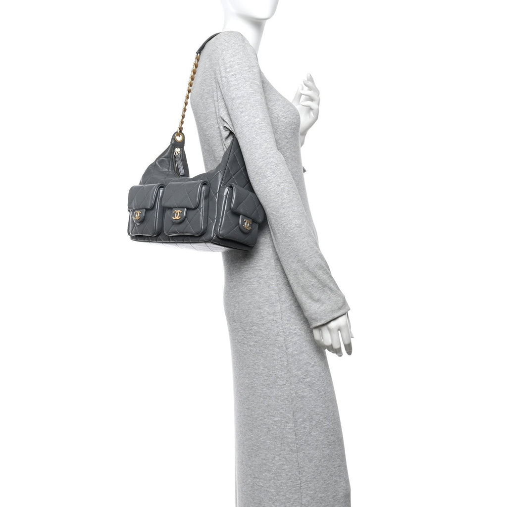 Shiny Lambskin Quilted Large Trendy Pockets Hobo Grey