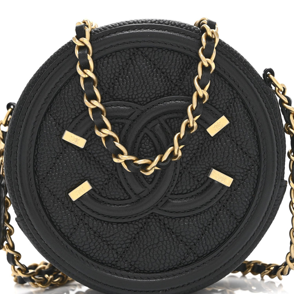 Caviar Quilted Round Filigree Crossbody Black