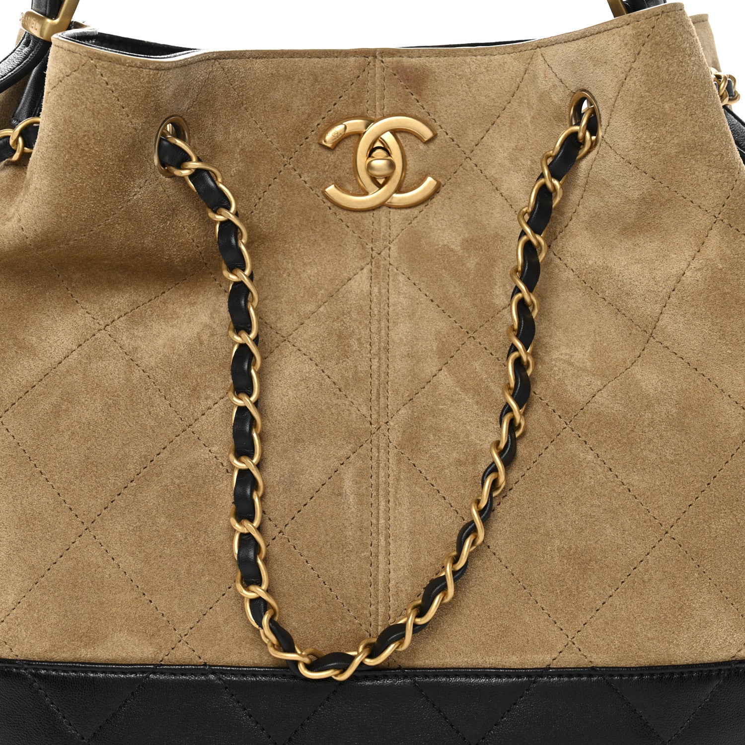 Suede Calfskin Shiny Lambskin Quilted Coco Base Shopping Bag Beige Black