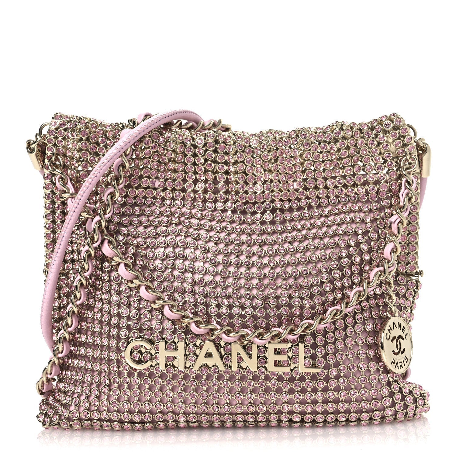Crystal Embellished Metallic Lambskin Mini Chanel 22 Light Pink