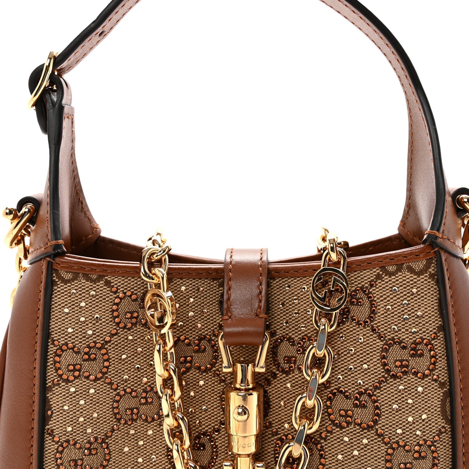 New Canvas Charisma Calfskin Crystal GG Monogram Mini Jackie 1961 Hobo Camel Ebony
