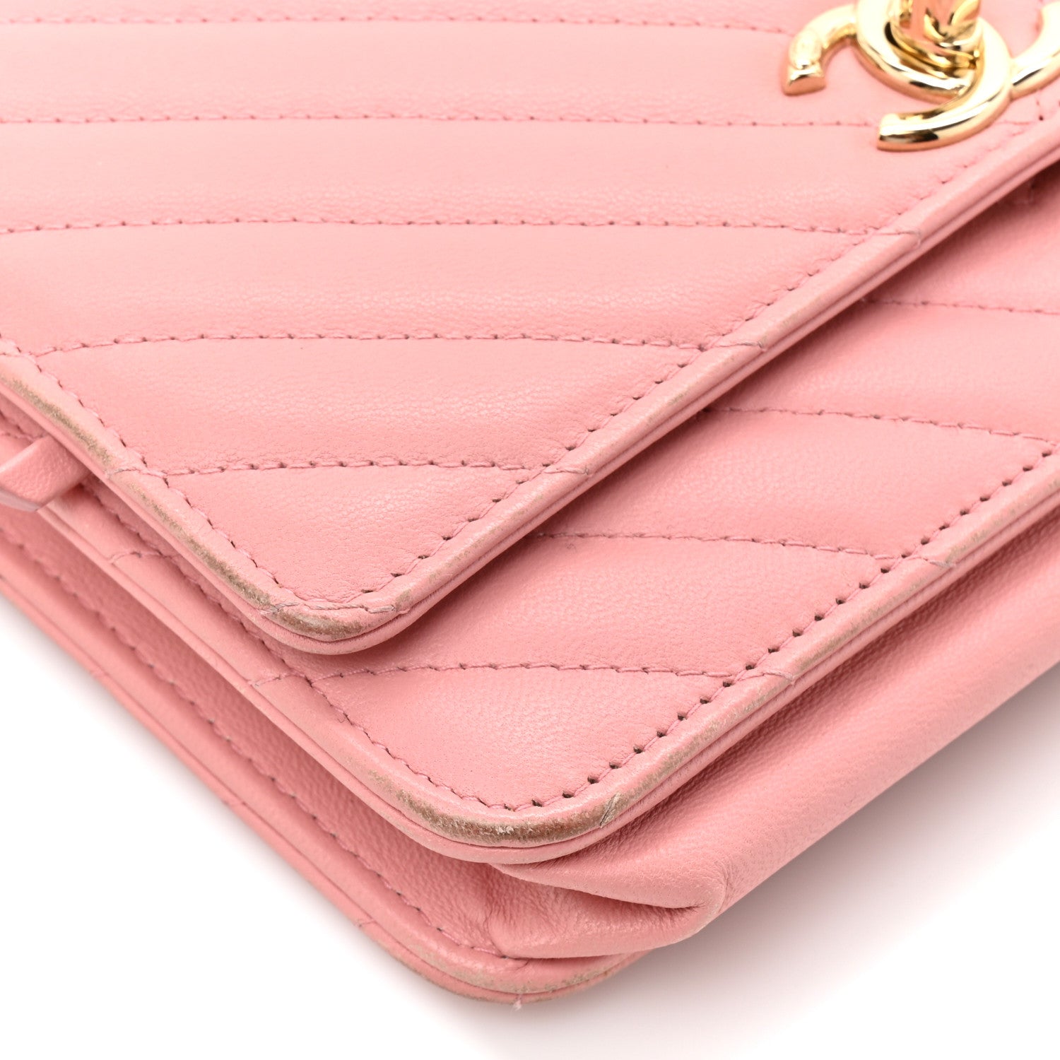 Lambskin Chevron Quilted Trendy CC Wallet On Chain WOC Pink