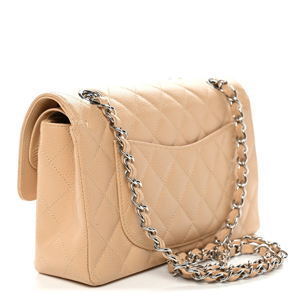 Caviar Quilted Small Double Flap Beige