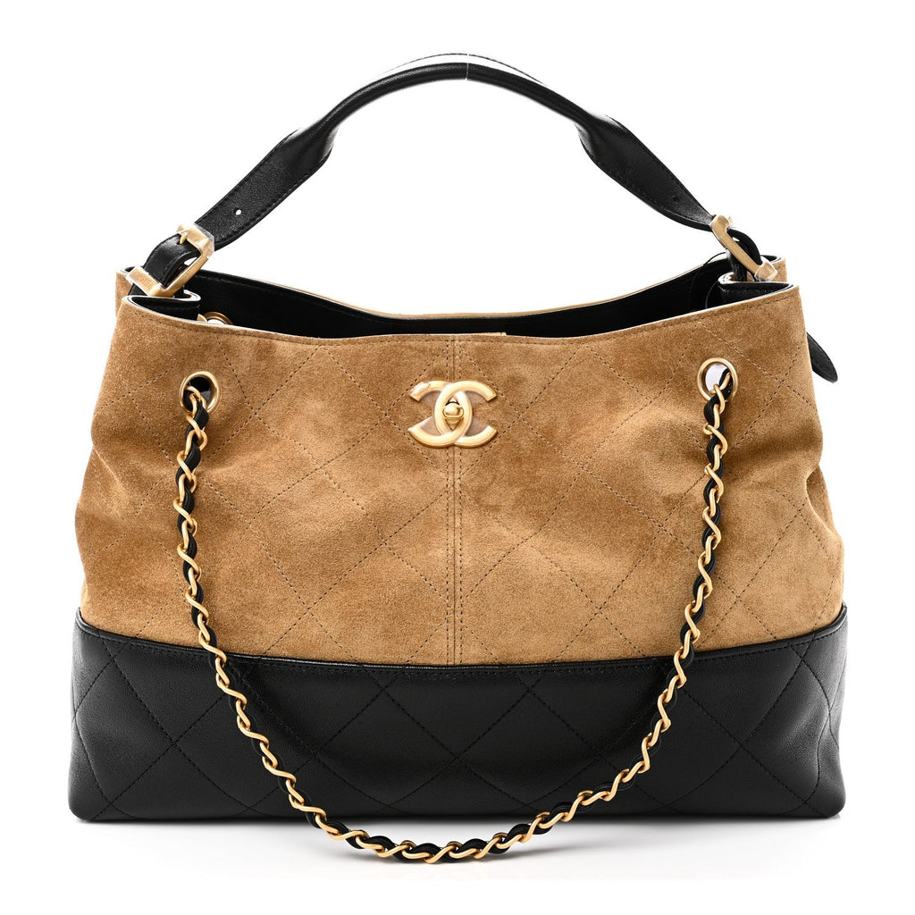 Suede Calfskin Shiny Lambskin Quilted Small Coco Base Shopping Bag Beige Black