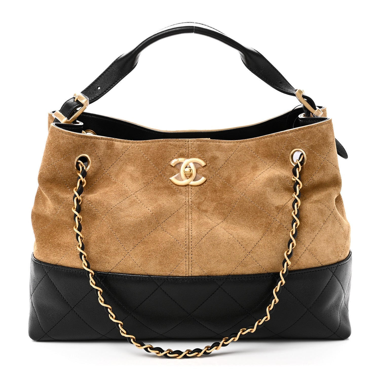 Suede Calfskin Shiny Lambskin Quilted Small Coco Base Shopping Bag Beige Black