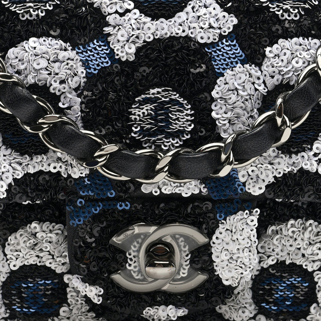 Satin Sequin Embellished Flower Mini Rectangular Flap Black White Blue