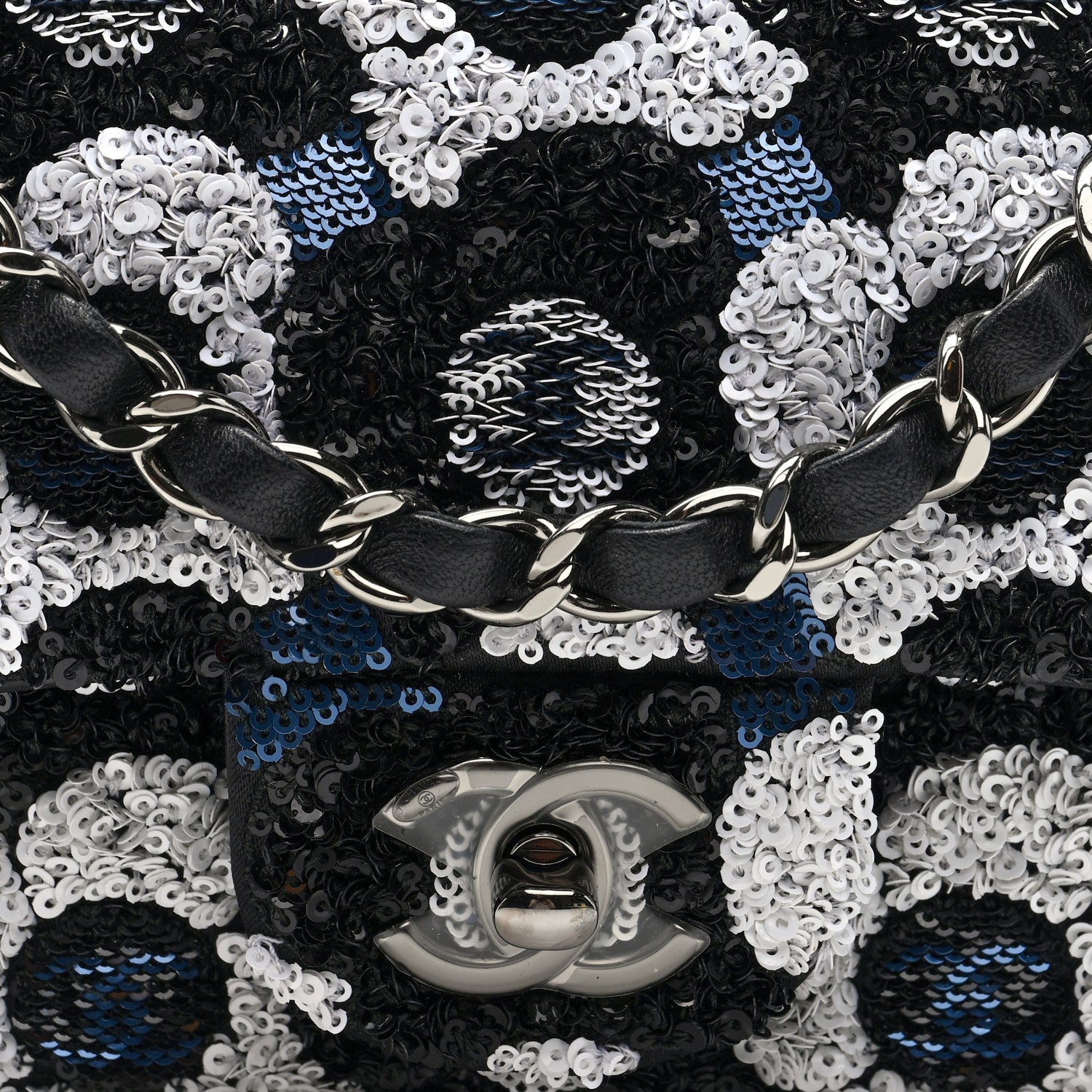 Satin Sequin Embellished Flower Mini Rectangular Flap Black White Blue