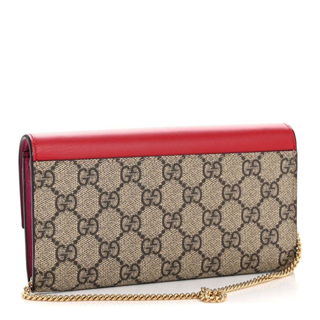 GG Supreme Monogram Moon Calfskin Padlock Continental Chain Wallet Beige Ebony Hibiscus Red New Rosette