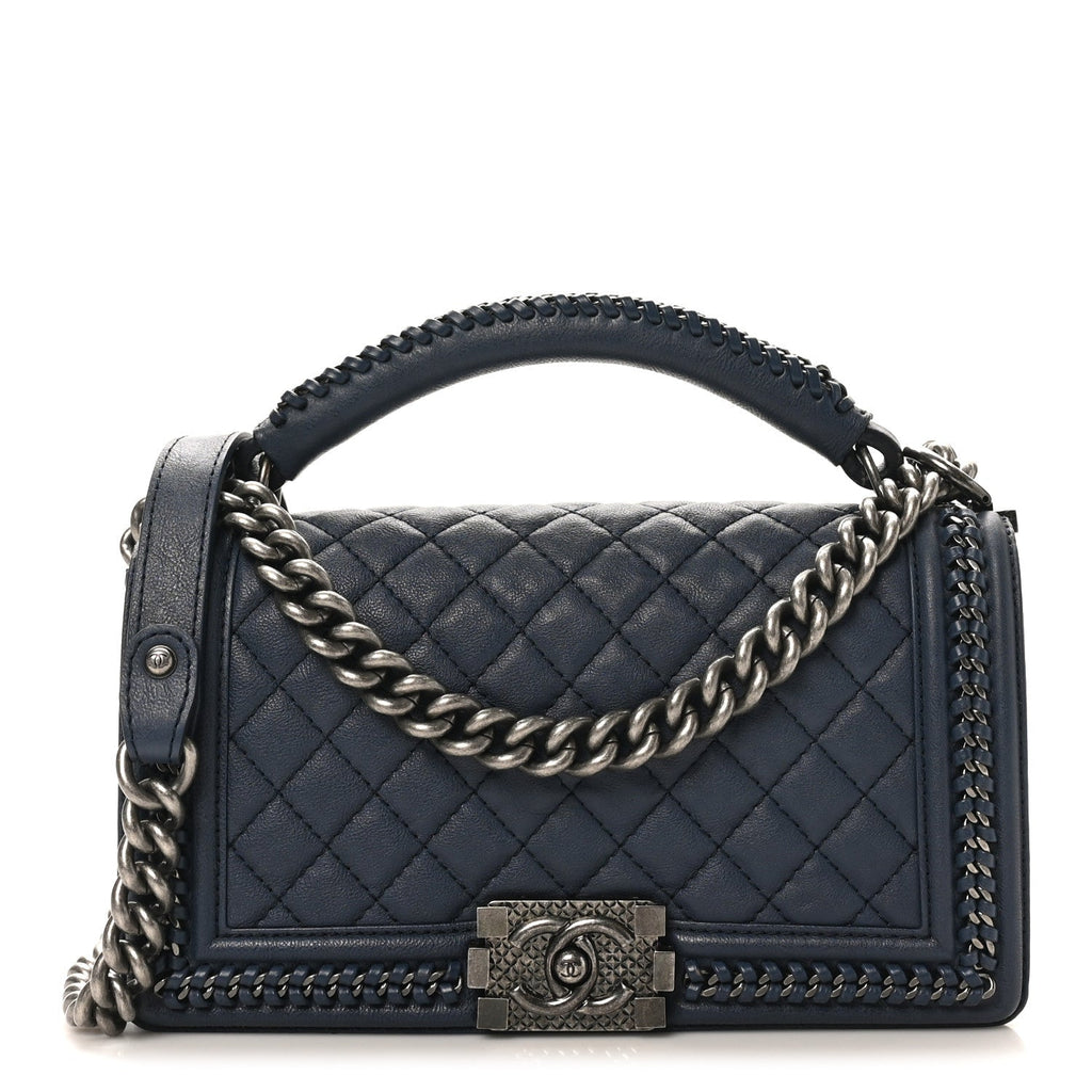 Calfskin Quilted Medium Top Handle Boy Flap Blue