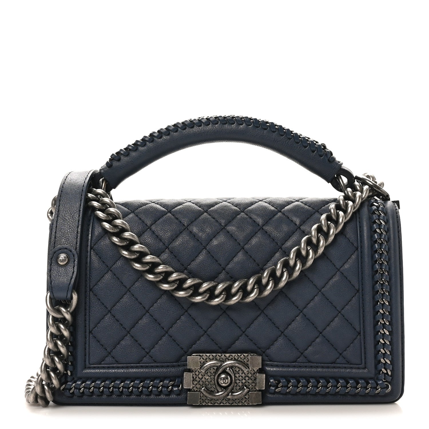 Calfskin Quilted Medium Top Handle Boy Flap Blue