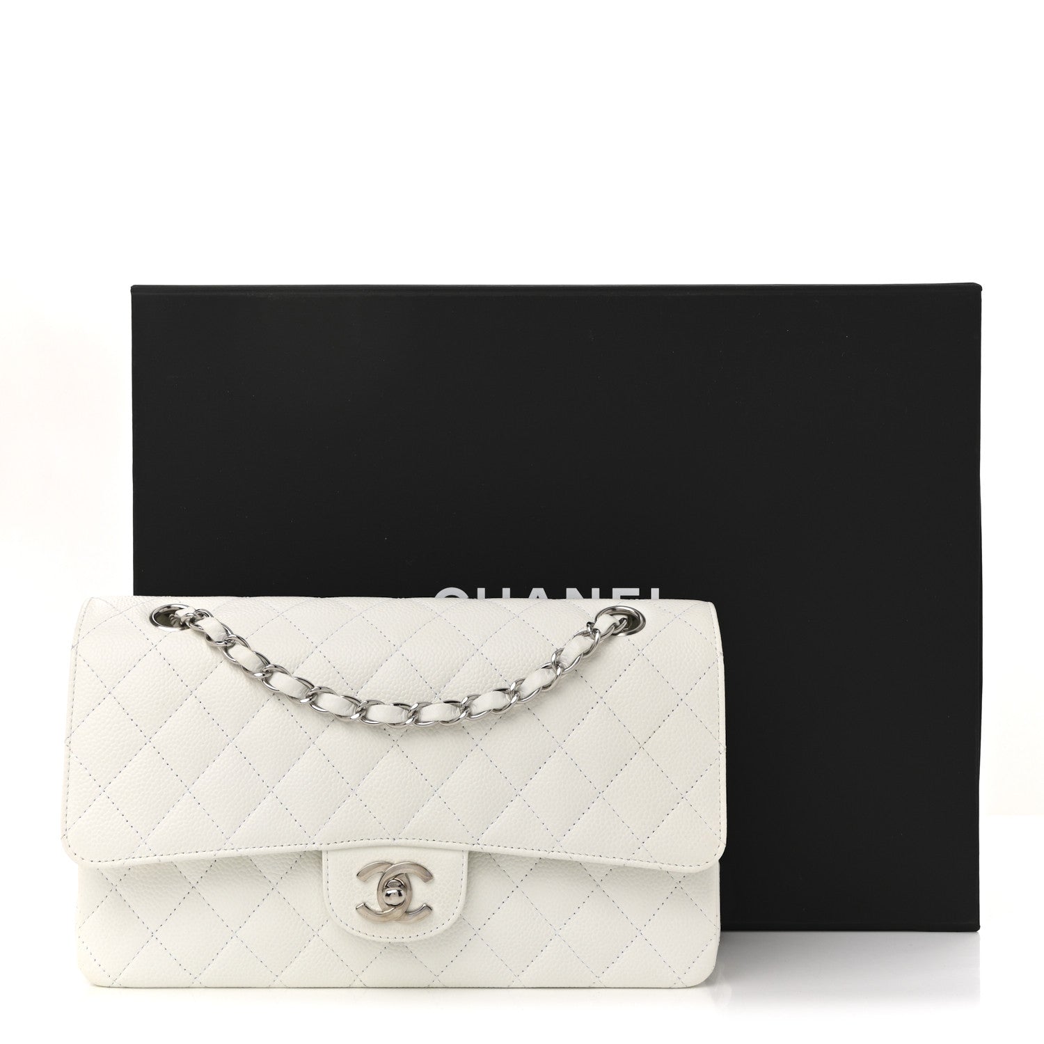 Caviar Quilted Medium Double Flap White