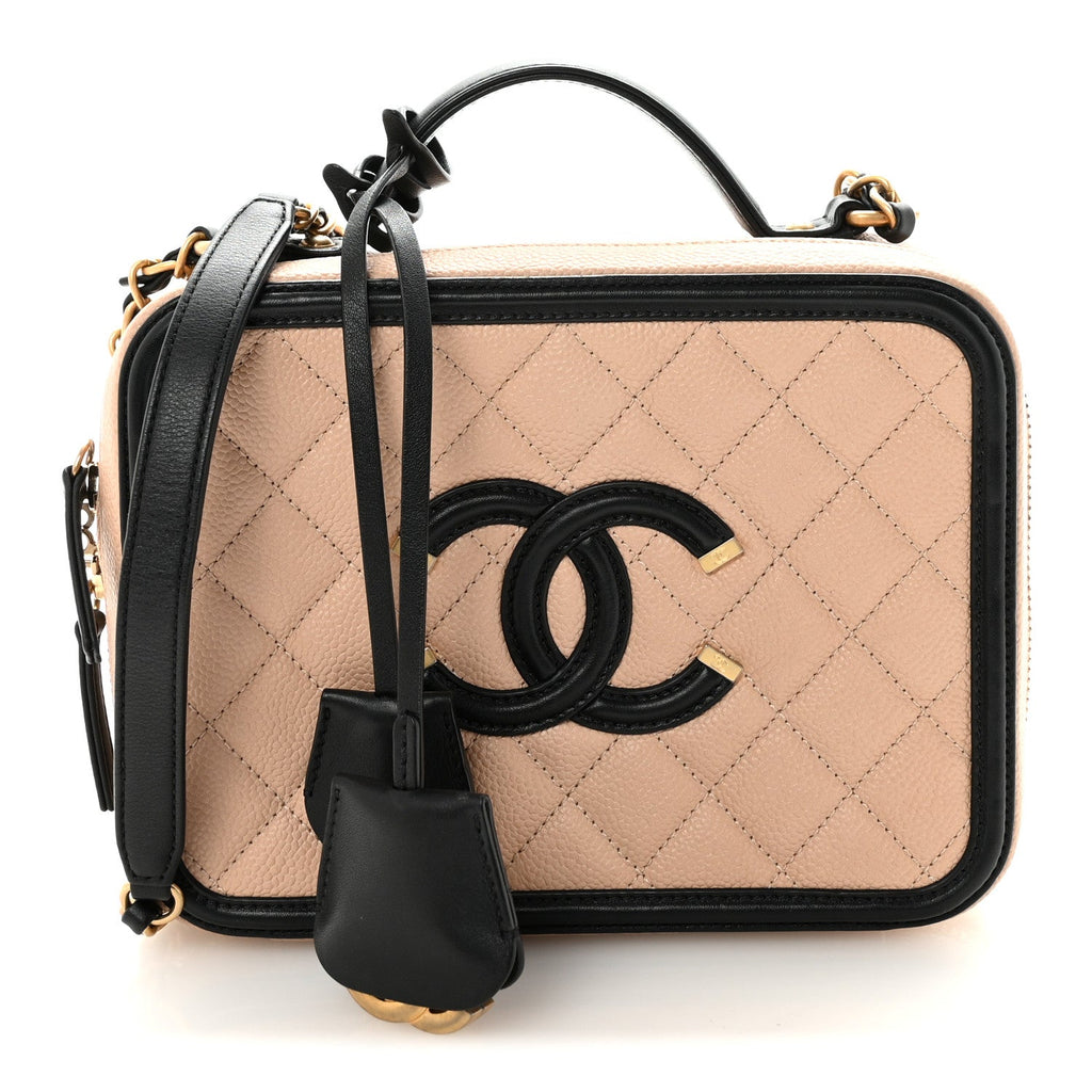 Caviar Quilted Medium CC Filigree Vanity Case Beige Black