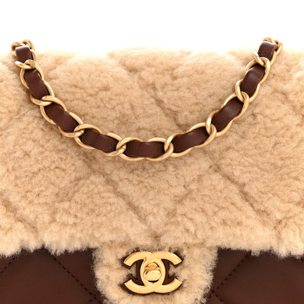Shearling Lambskin Quilted Mini Furry Coco Flap Beige Brown