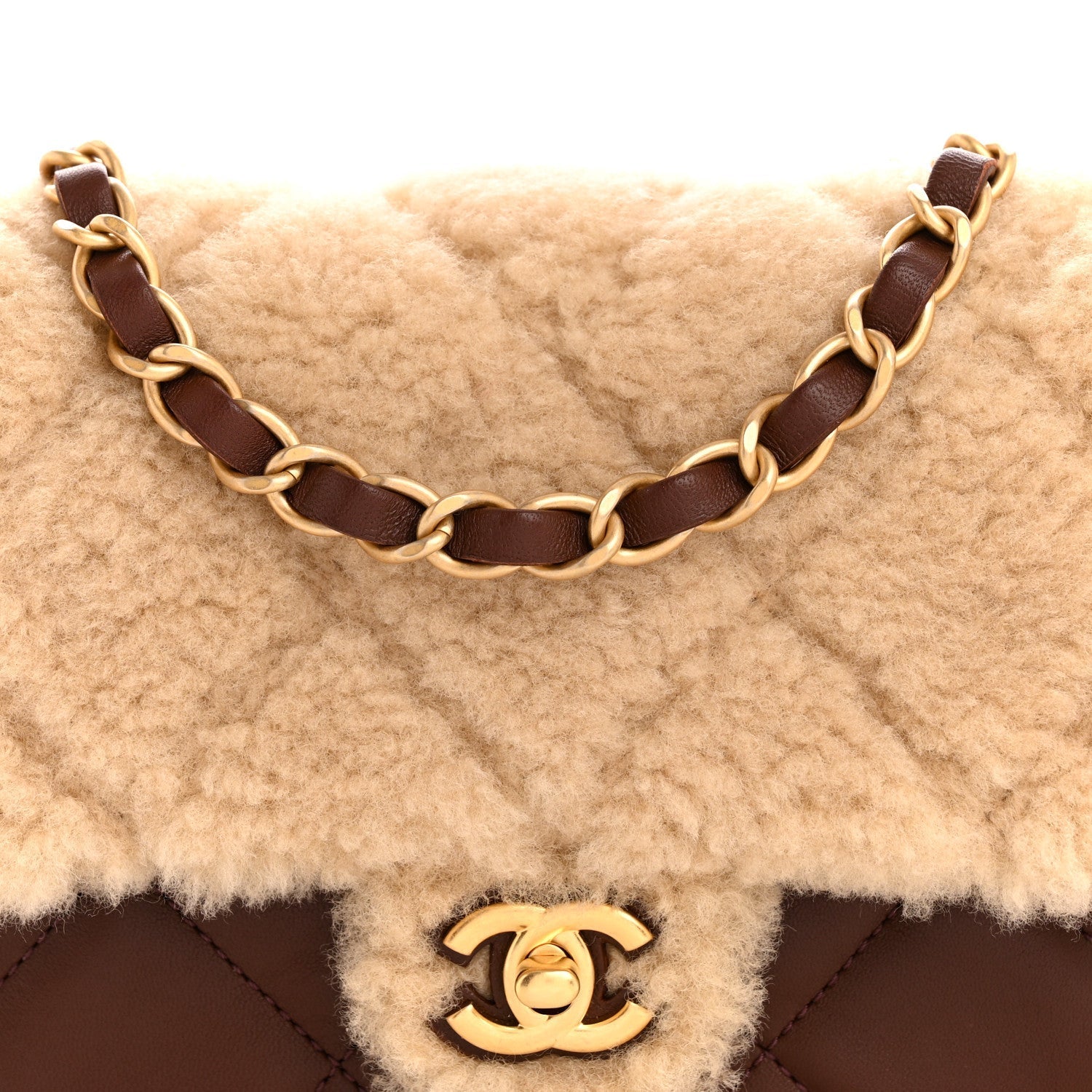 Shearling Lambskin Quilted Mini Furry Coco Flap Beige Brown