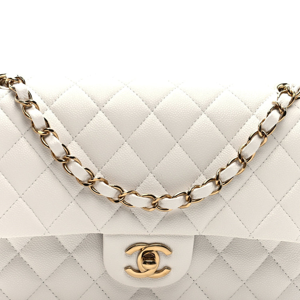 Caviar Quilted Medium Double Flap White