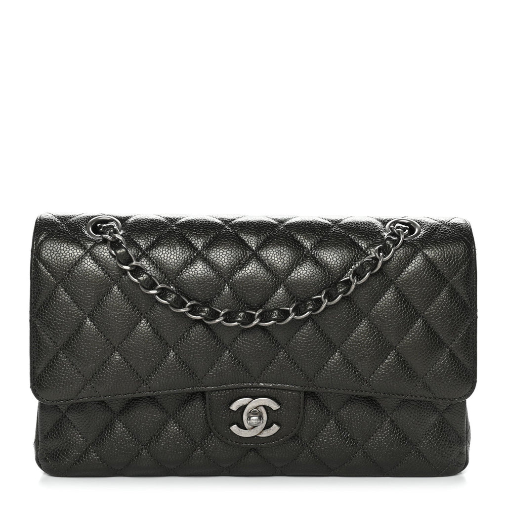 Metallic Caviar Quilted Medium Double Flap Dark Charcoal