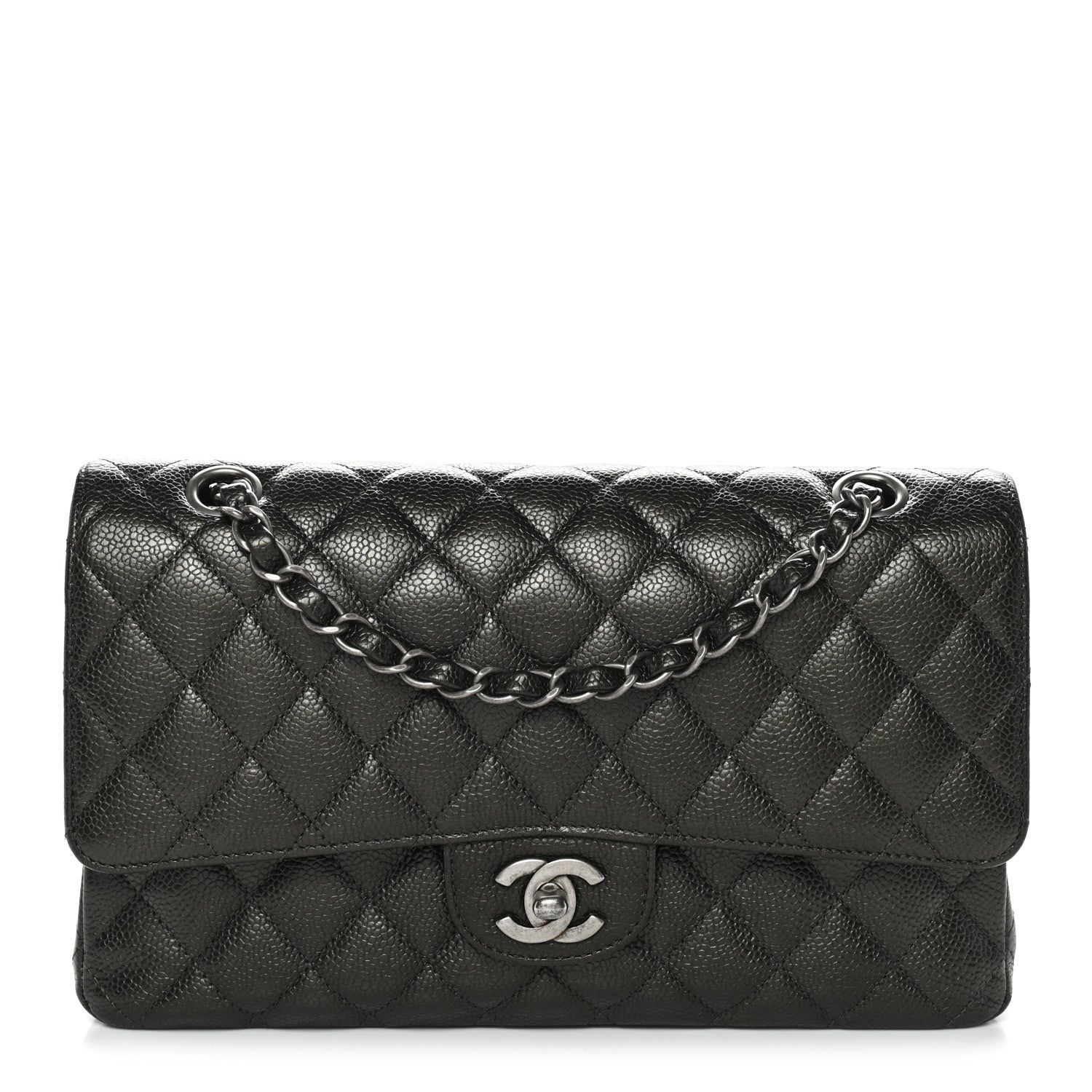 Metallic Caviar Quilted Medium Double Flap Dark Charcoal
