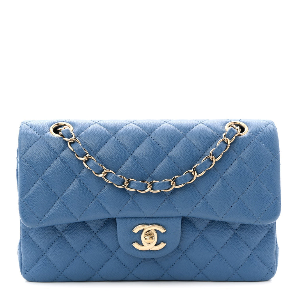 Caviar Quilted Small Double Flap Blue