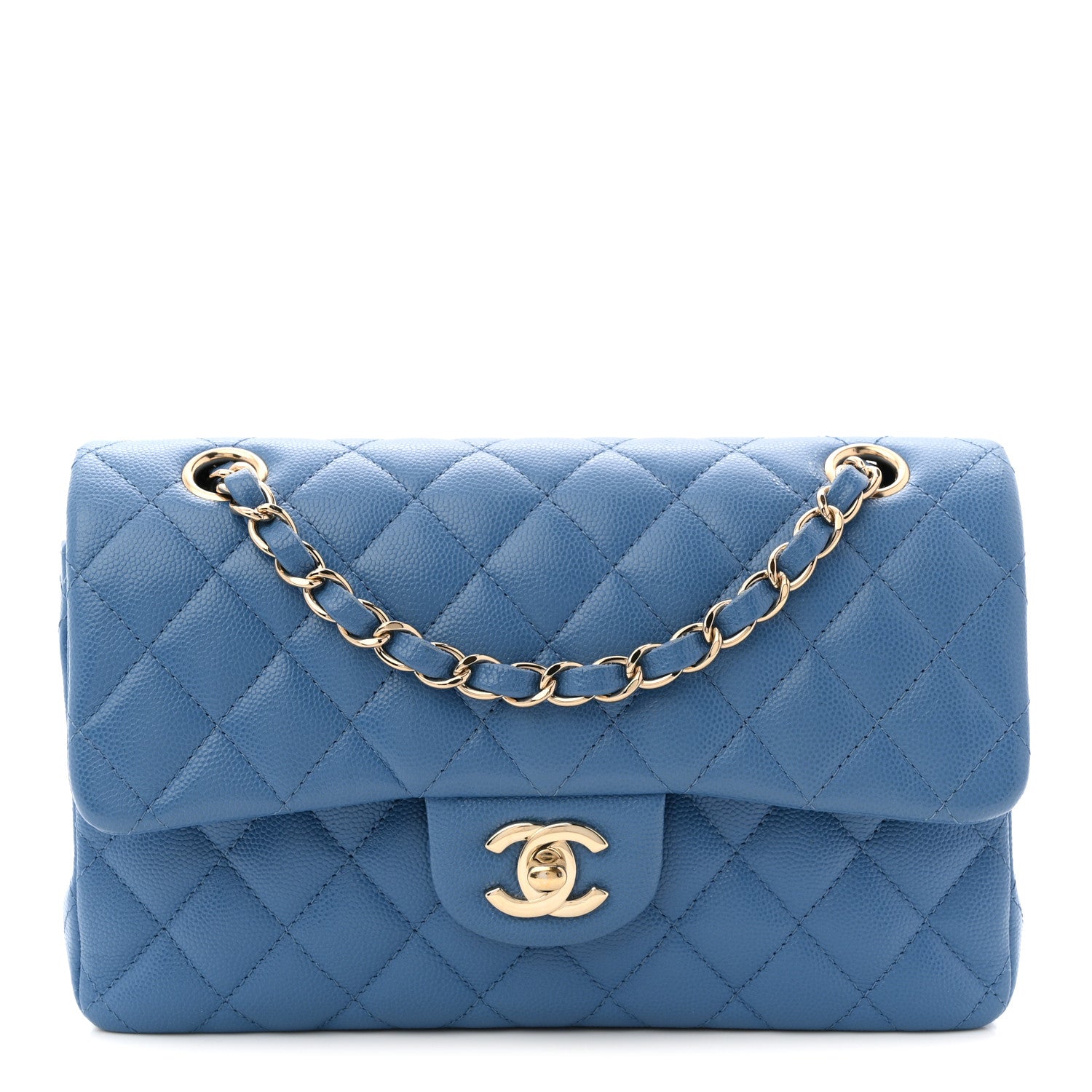 Caviar Quilted Small Double Flap Blue