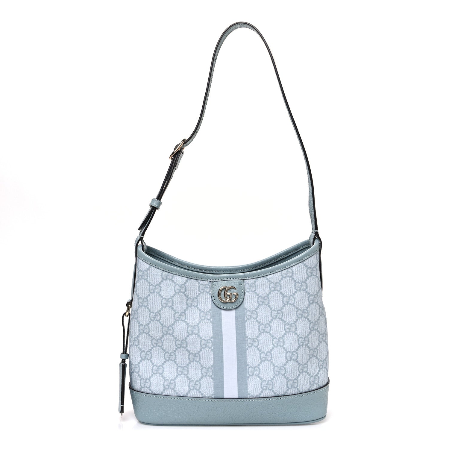 GG Supreme Monogram Textured Dollar Calfskin Web Small Ophidia Bucket Shoulder Bag Dusty Blue