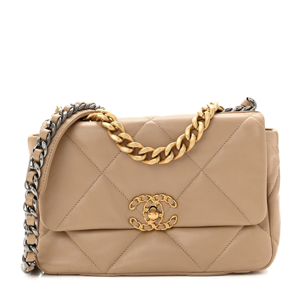 Lambskin Quilted Medium Chanel 19 Flap Dark Beige