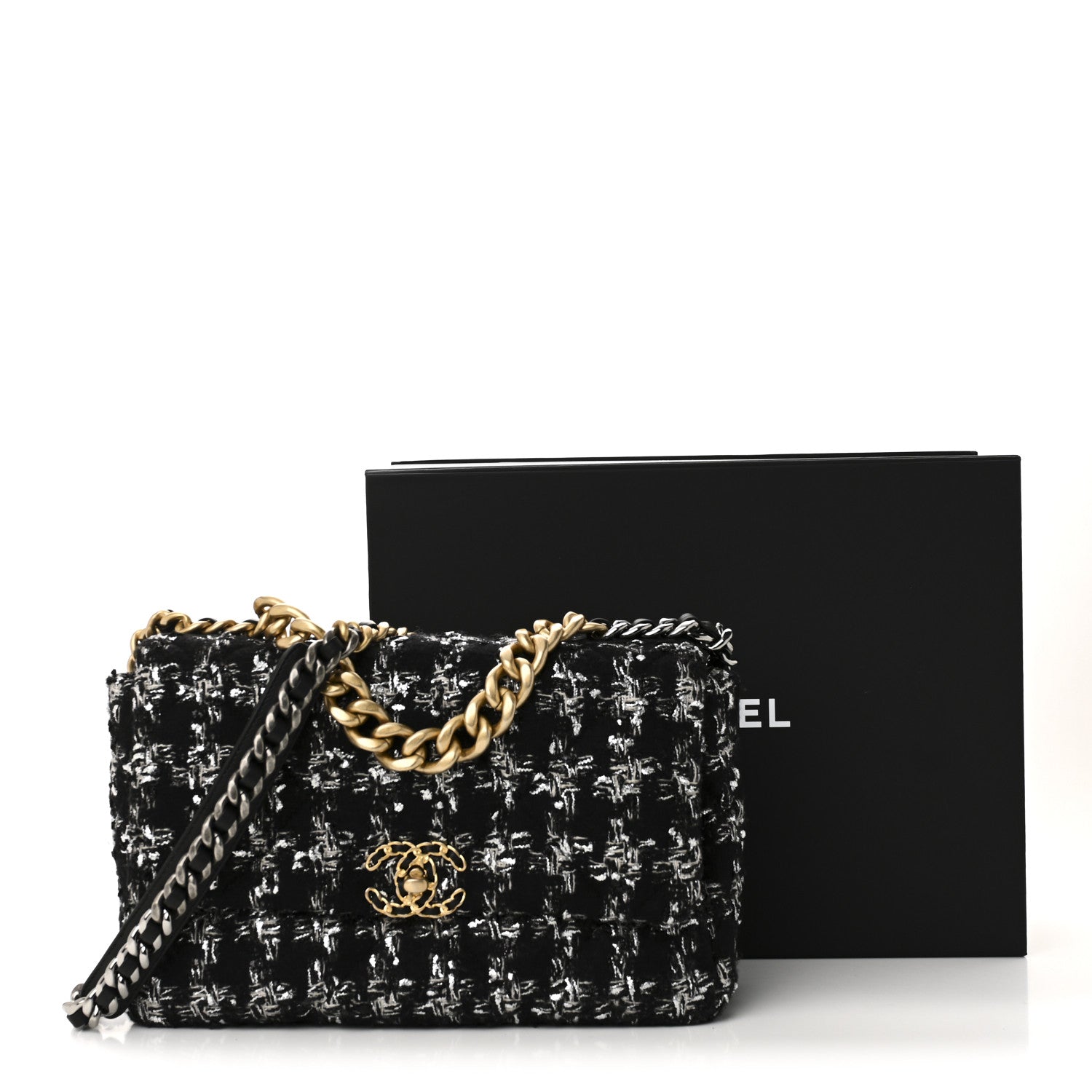 Tweed Quilted Large Chanel 19 Flap Black Silver Ecru