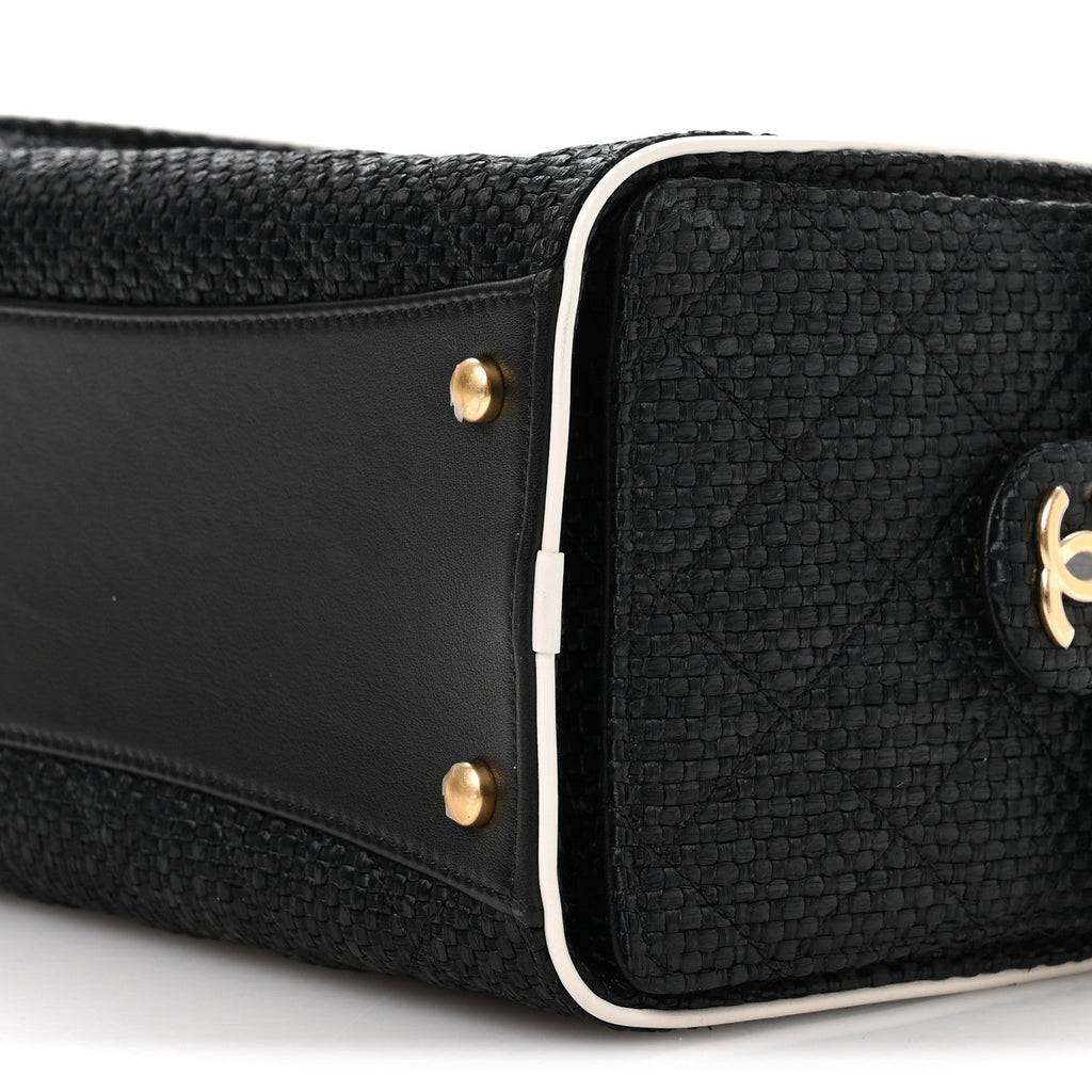 Braided Raffia Calfskin Small Chanel 25 Handbag Black White