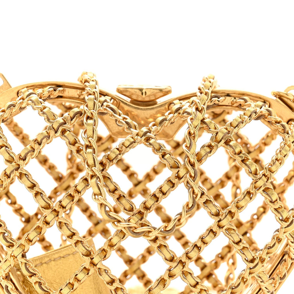 Metal Metallic Lambskin Quilted CC Heart Minaudiere Crossbody Gold