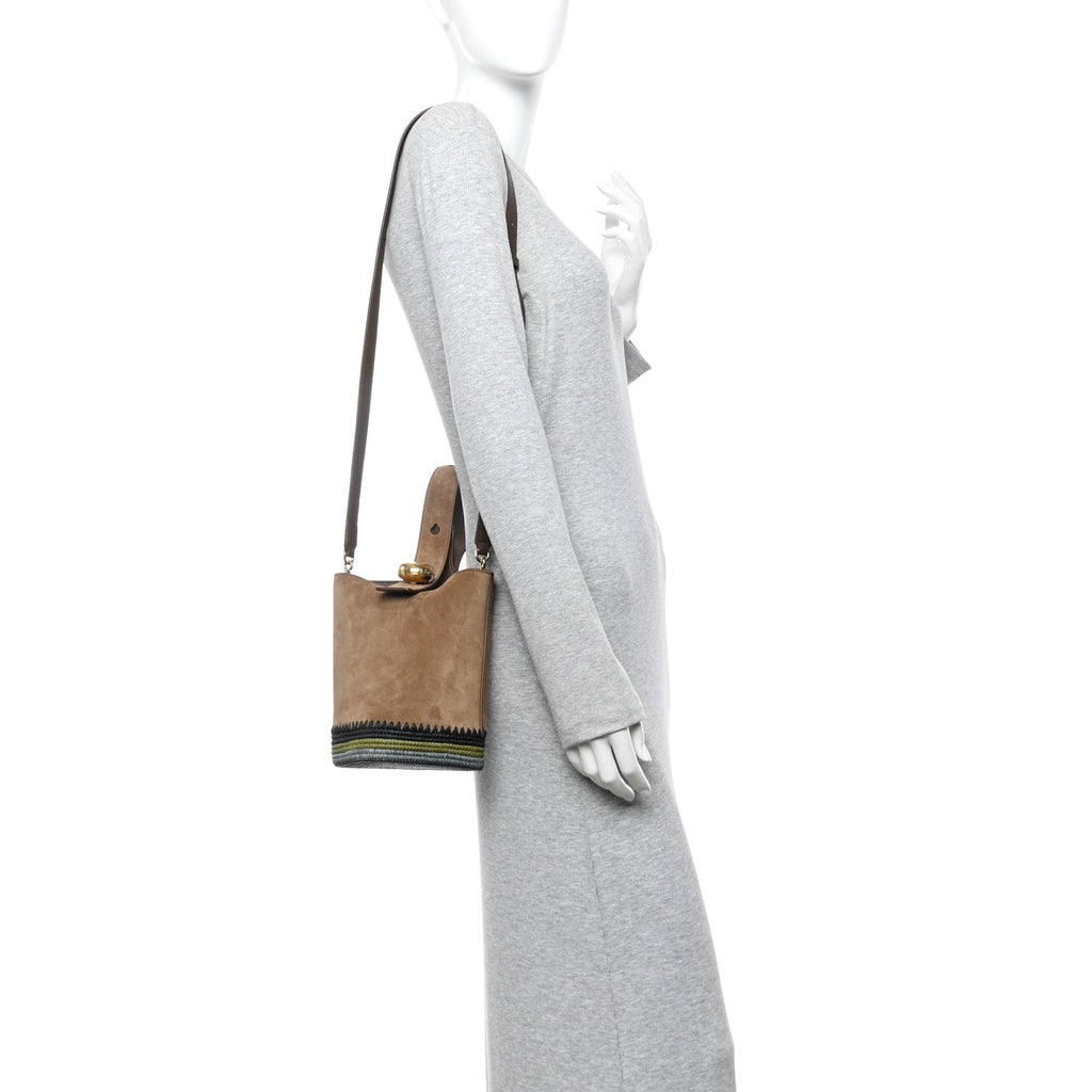 Suede Raffia Striped Mini Pebble Bucket Bag Brown