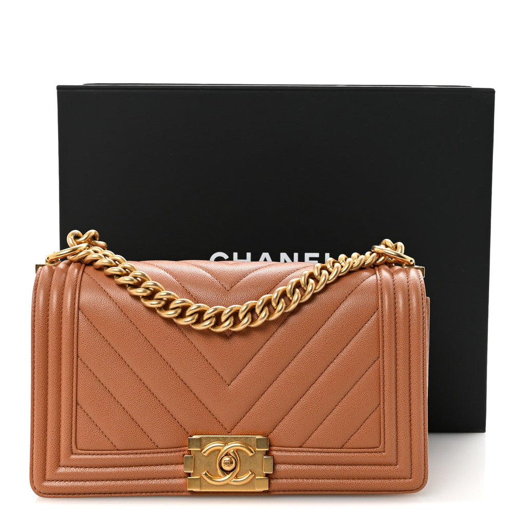 Caviar Chevron Quilted Medium Boy Flap Brown