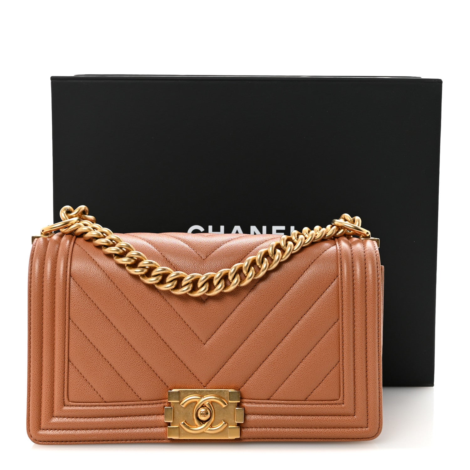 Caviar Chevron Quilted Medium Boy Flap Brown