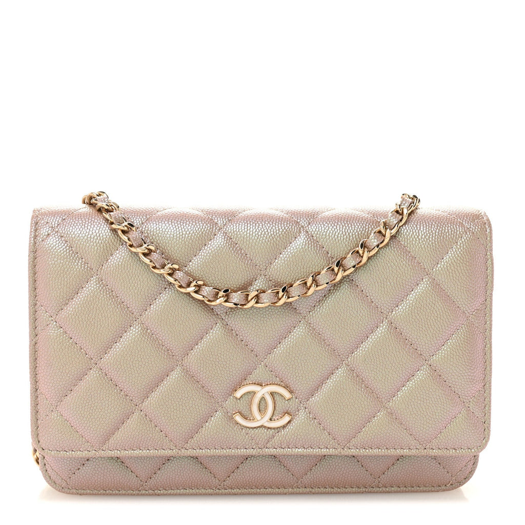 Iridescent Caviar Quilted Wallet on Chain WOC Beige