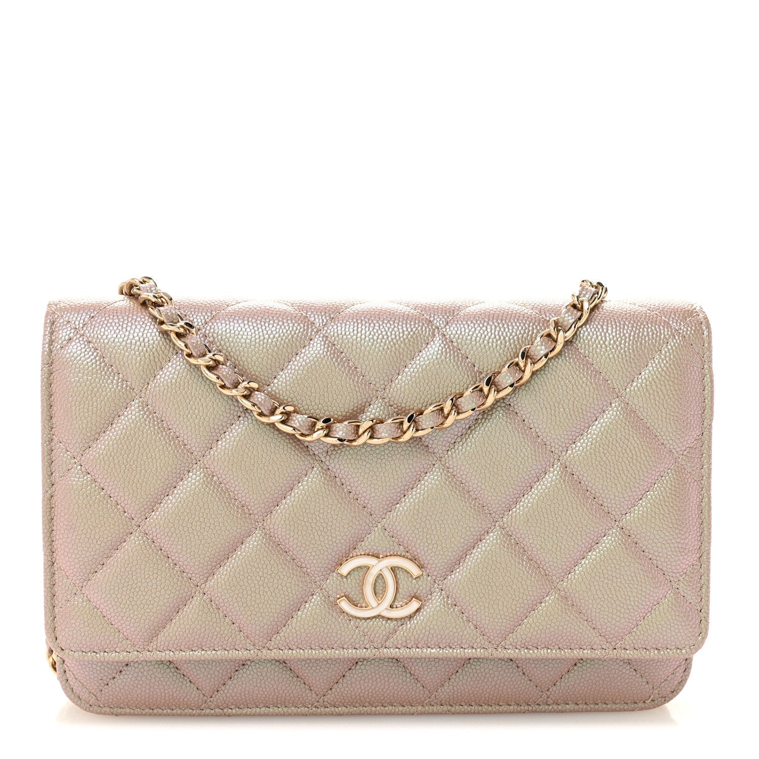Iridescent Caviar Quilted Wallet on Chain WOC Beige