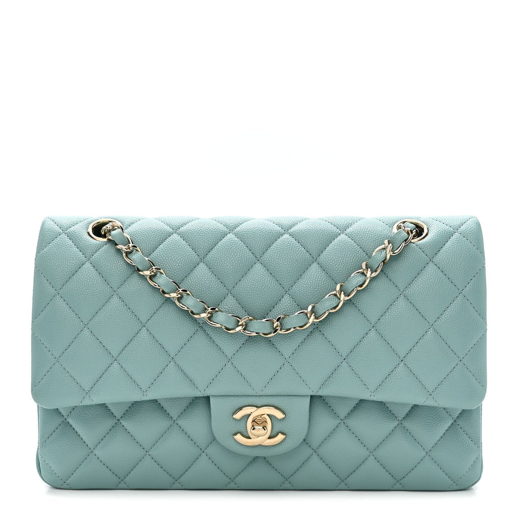 Caviar Quilted Medium Double Flap Light Blue