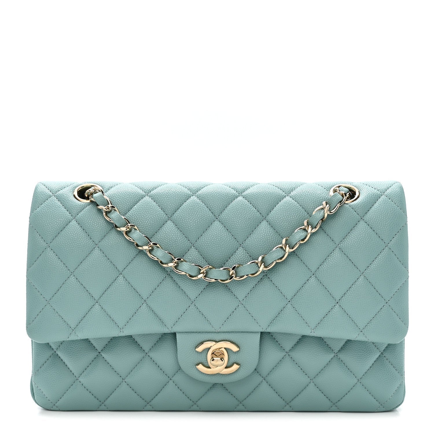 Caviar Quilted Medium Double Flap Light Blue