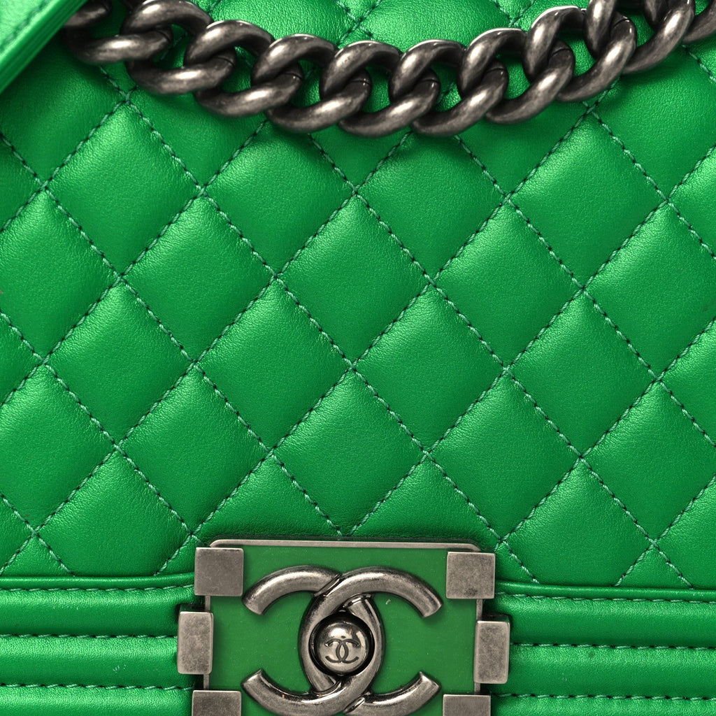 Metallic Calfskin Quilted Medium Boy Flap Green