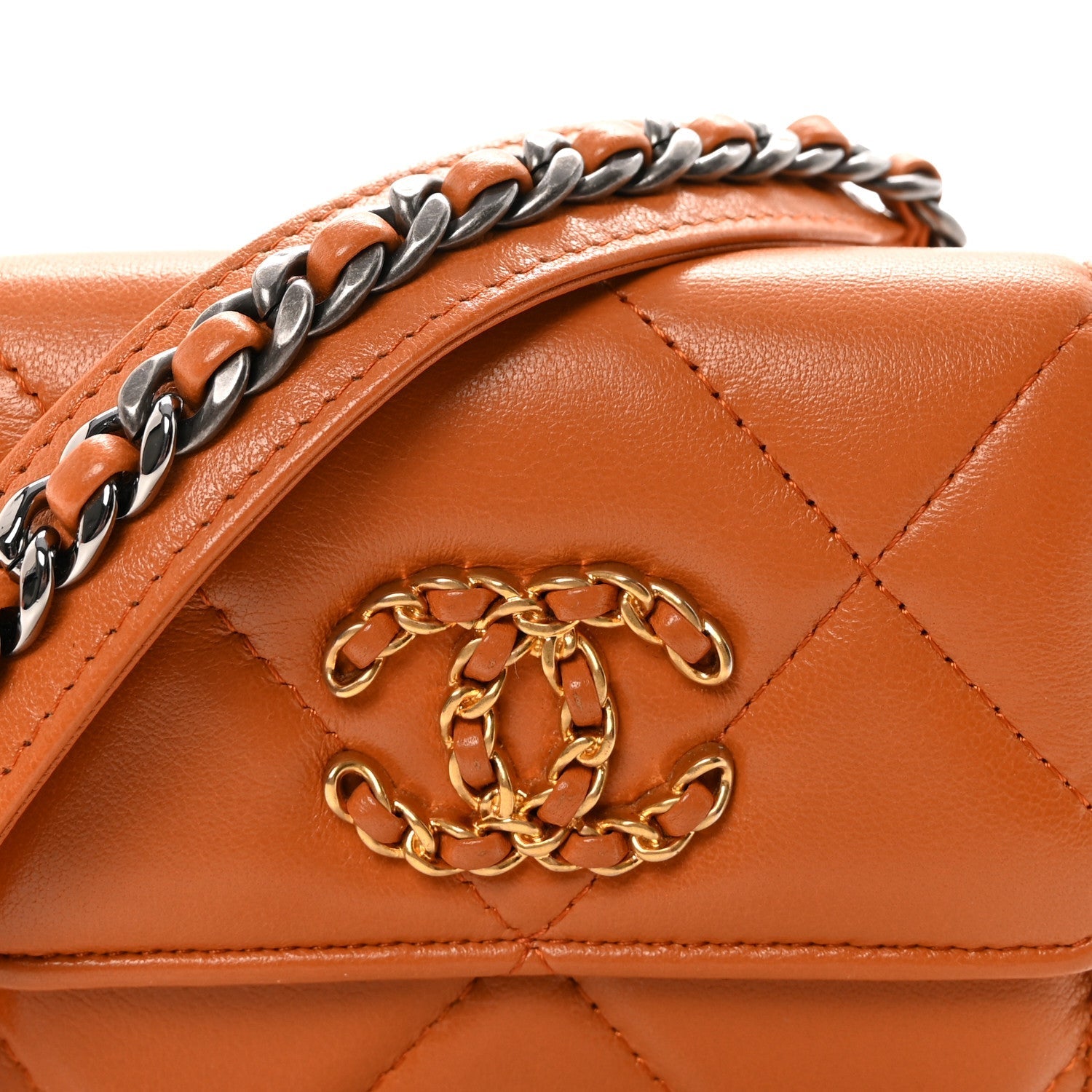 Lambskin Quilted Chanel 19 Flap Coin Purse With Chain Light Brown