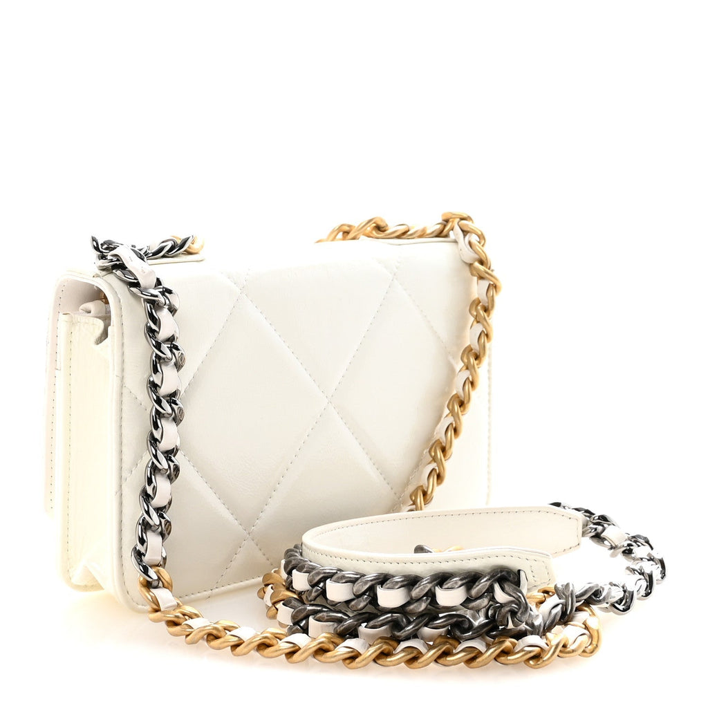 Shiny Crumpled Calfskin Quilted Chanel 19 Wallet On Chain WOC White
